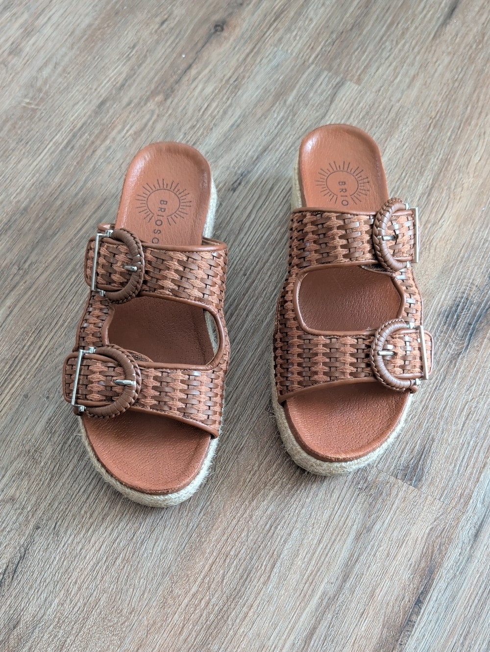Brioso Woven Double-Buckle Slide Sandals in Brown